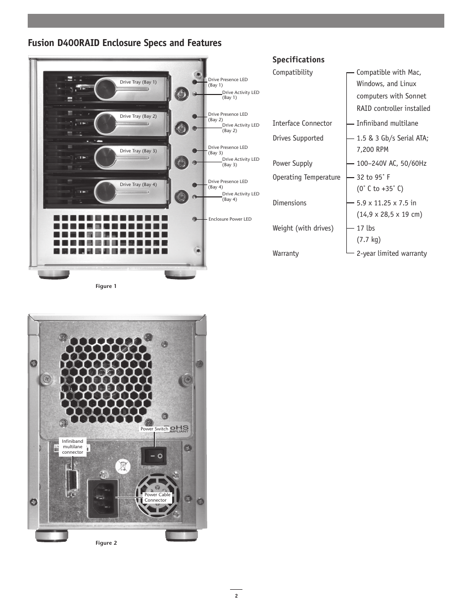 Fusion d400raid enclosure specs and features, Specifications | Sonnet Technologies Fusion D400RAID (With Drives) User Manual | Page 2 / 6