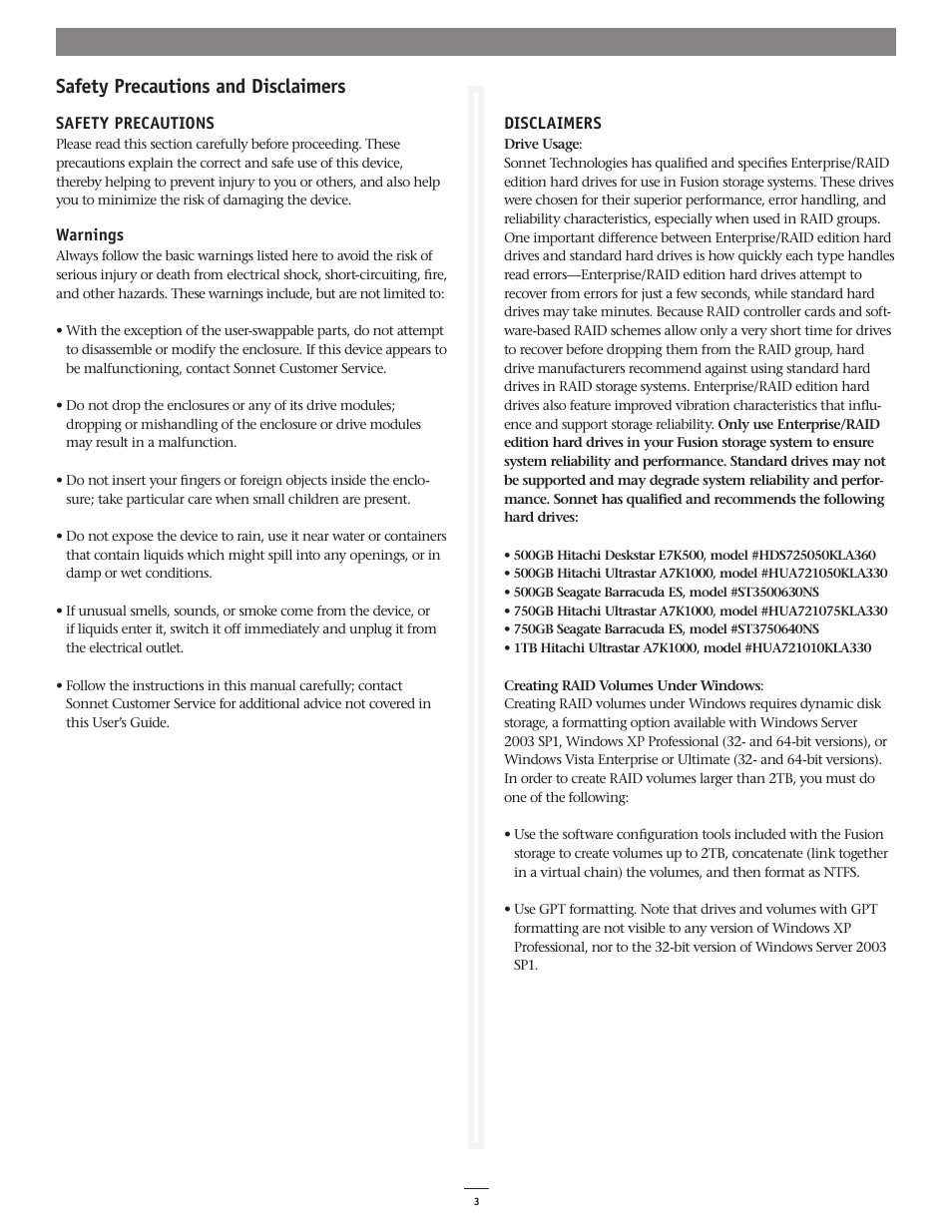 Safety precautions and disclaimers | Sonnet Technologies Fusion D400RAID (With Drives) User Manual | Page 3 / 6