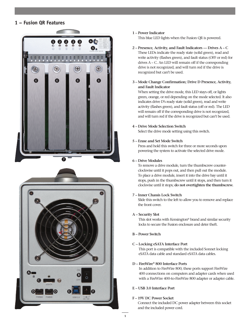 1 – fusion qr features | Sonnet Technologies Fusion QR (With Drives) User Manual | Page 5 / 12