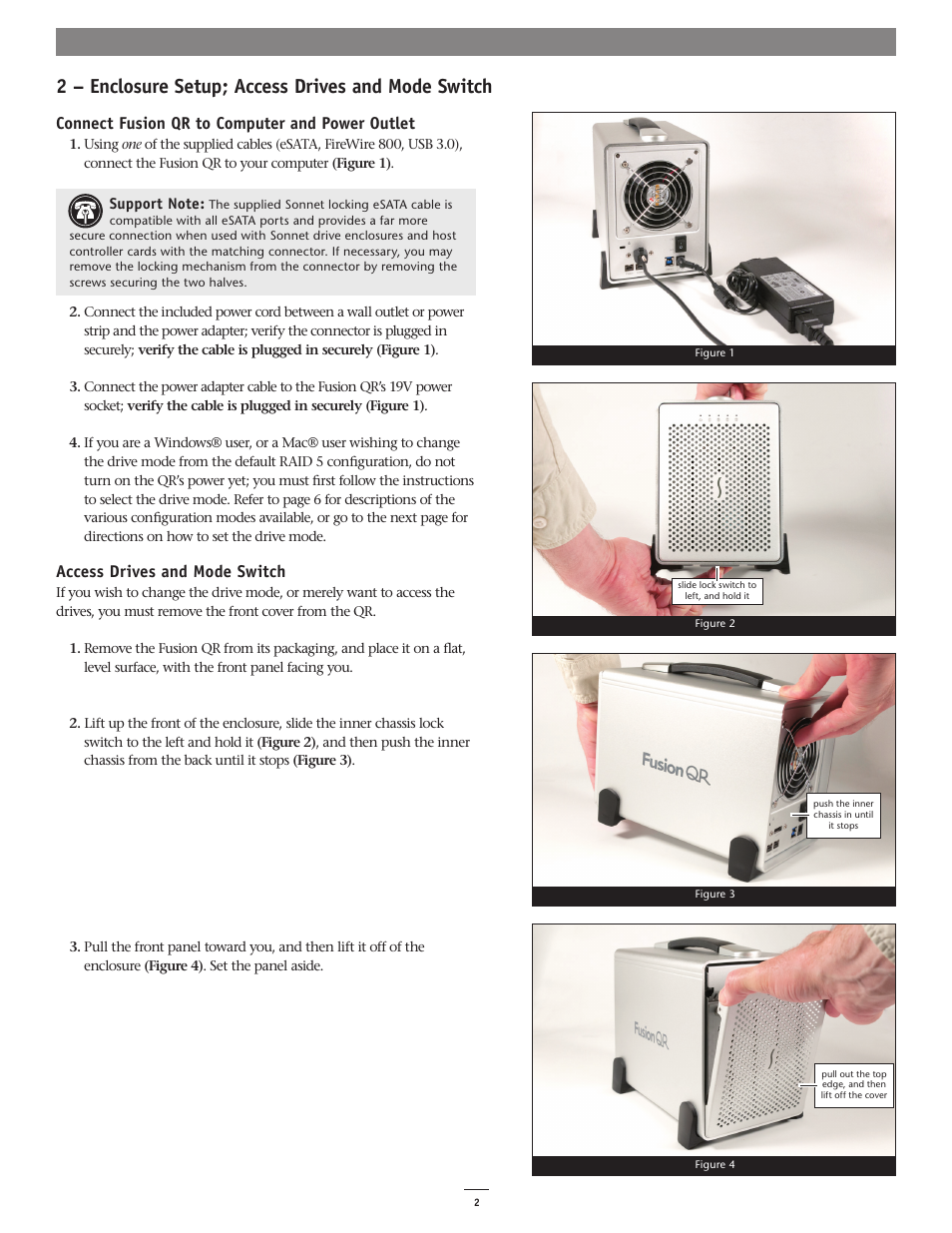 2 – enclosure setup; access drives and mode switch, Connect fusion qr to computer and power outlet, Access drives and mode switch | Sonnet Technologies Fusion QR (With Drives) User Manual | Page 6 / 12