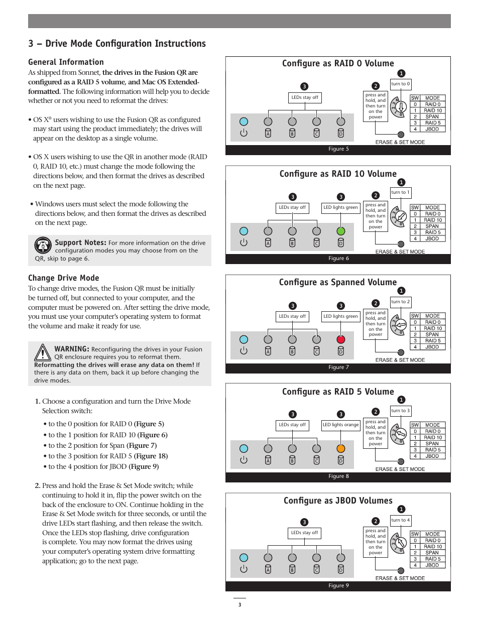 3 – drive mode configuration instructions, Configure as raid 0 volume, Configure as raid 10 volume | Configure as spanned volume, General information, Change drive mode | Sonnet Technologies Fusion QR (With Drives) User Manual | Page 7 / 12