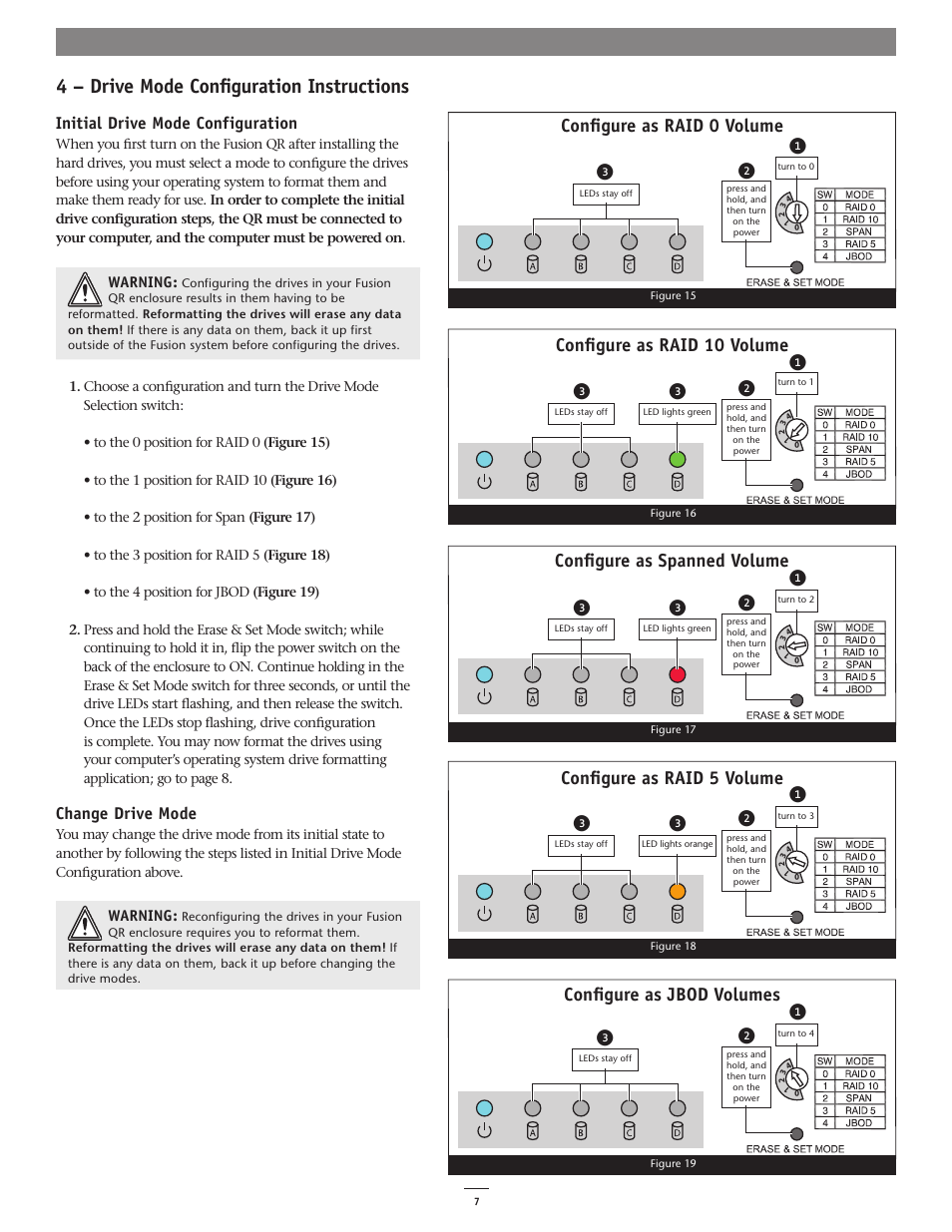 4 – drive mode configuration instructions, Configure as raid 0 volume, Configure as raid 10 volume | Configure as spanned volume, Initial drive mode configuration, Change drive mode | Sonnet Technologies Fusion QR (Without Drives) User Manual | Page 11 / 14