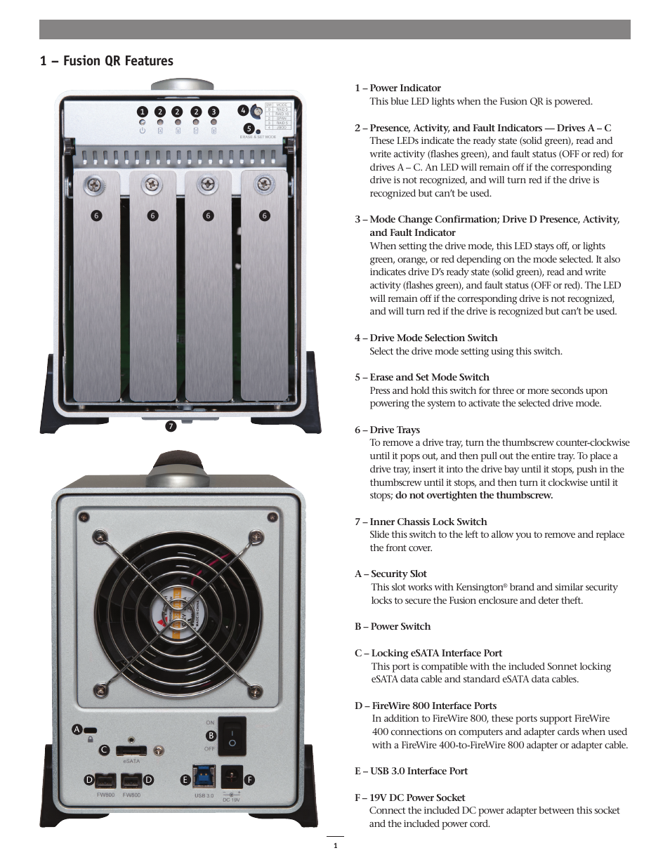 1 – fusion qr features | Sonnet Technologies Fusion QR (Without Drives) User Manual | Page 5 / 14