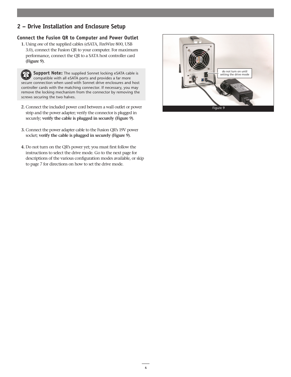 2 – drive installation and enclosure setup, Connect the fusion qr to computer and power outlet | Sonnet Technologies Fusion QR (Without Drives) User Manual | Page 8 / 14