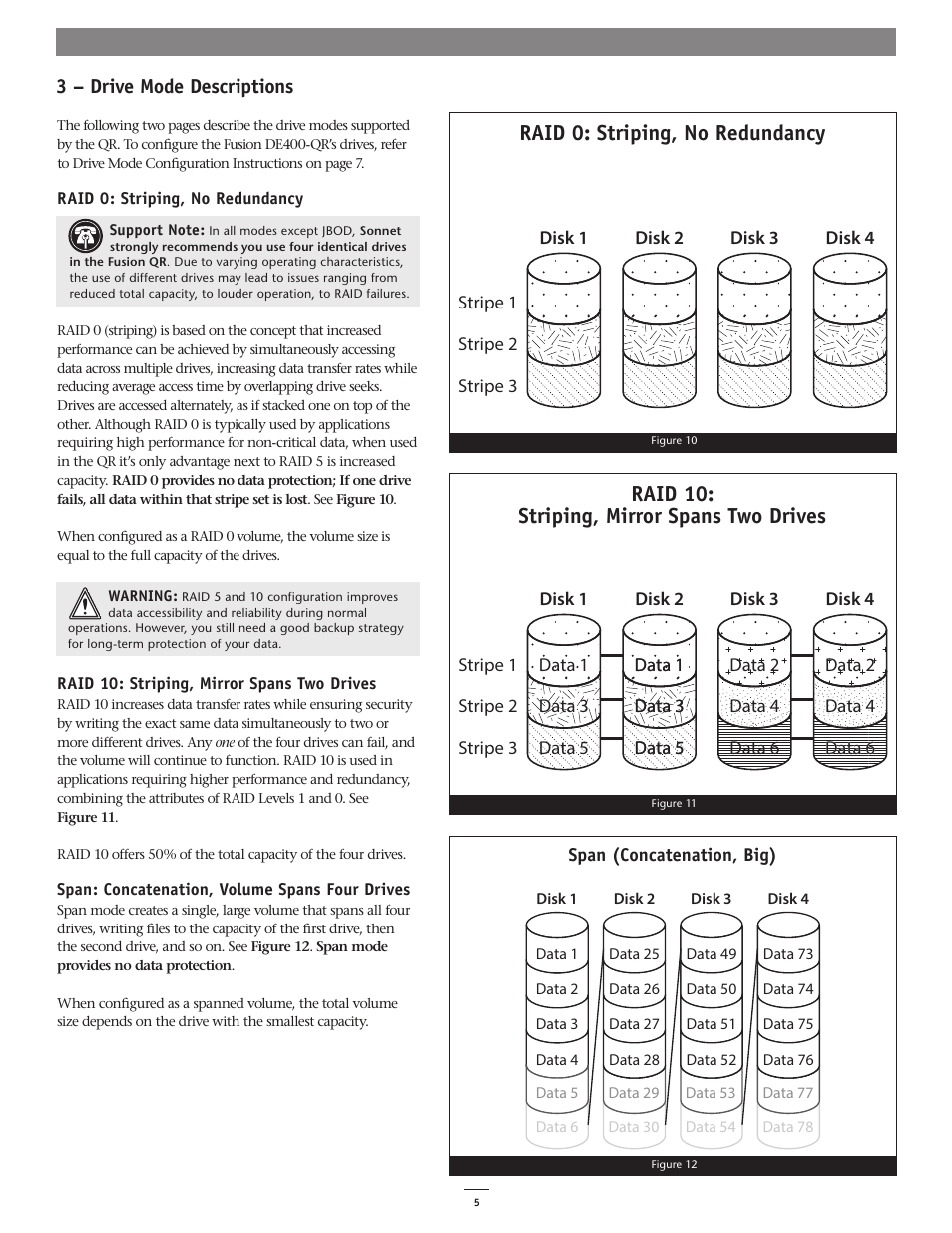 Raid 0: striping, no redundancy, Raid 10: striping, mirror spans two drives, 3 – drive mode descriptions | Sonnet Technologies Fusion QR (Without Drives) User Manual | Page 9 / 14