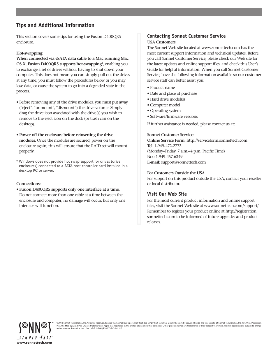 Tips and additional information | Sonnet Technologies Fusion D400QR5 (With Drives) User Manual | Page 10 / 10