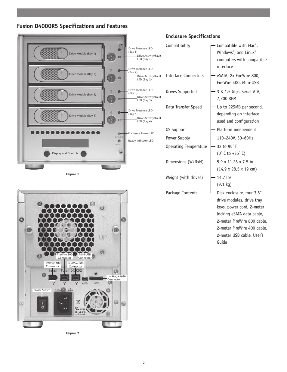 Fusion d400qr5 specifications and features, Enclosure specifications | Sonnet Technologies Fusion D400QR5 (With Drives) User Manual | Page 2 / 10