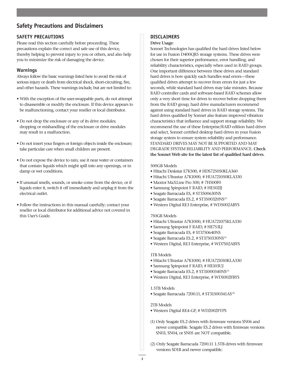 Safety precautions and disclaimers | Sonnet Technologies Fusion D400QR5 (With Drives) User Manual | Page 3 / 10