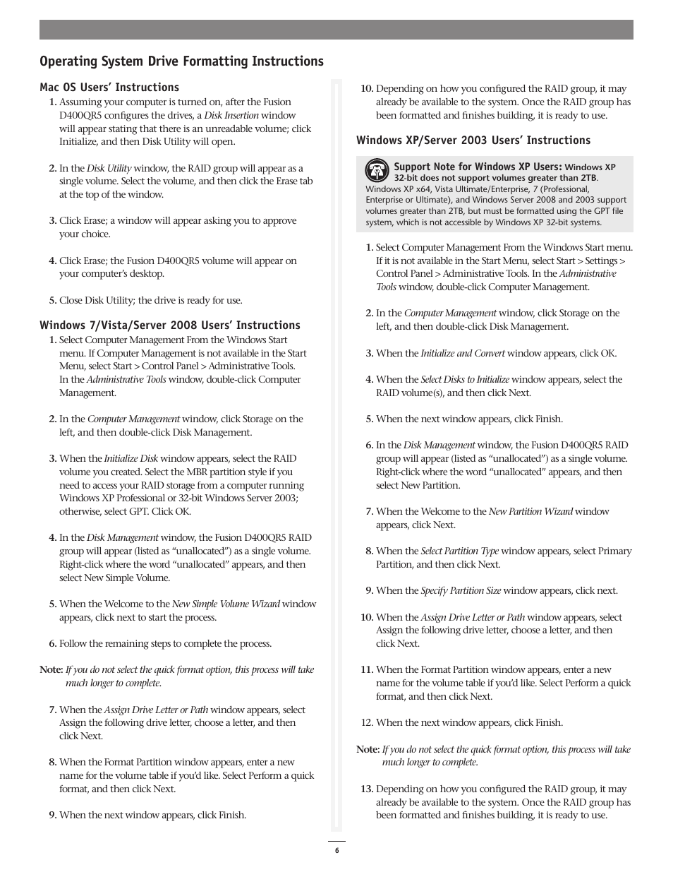 Operating system drive formatting instructions | Sonnet Technologies Fusion D400QR5 (With Drives) User Manual | Page 6 / 10