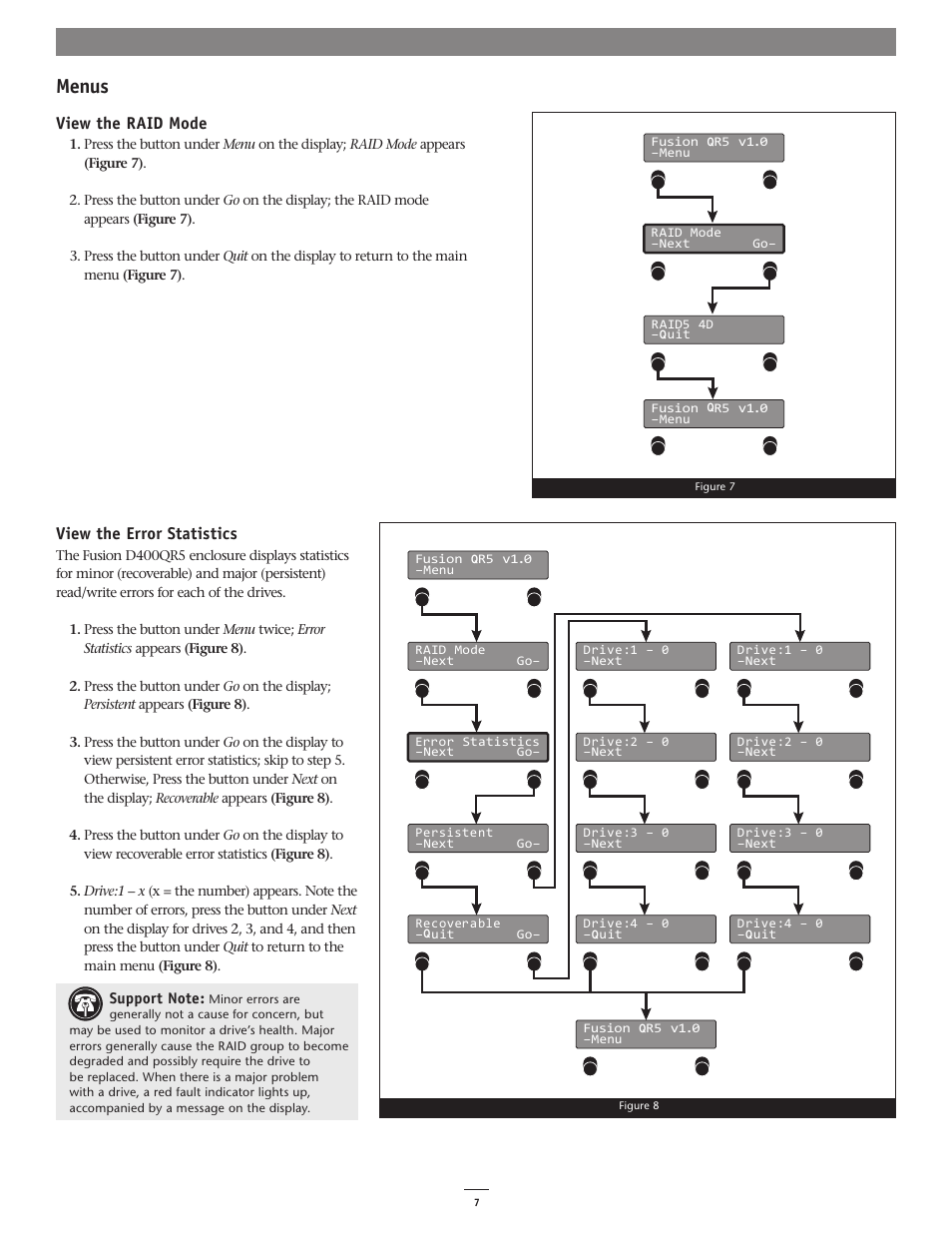 Menus, View the raid mode, View the error statistics | Sonnet Technologies Fusion D400QR5 (With Drives) User Manual | Page 7 / 10