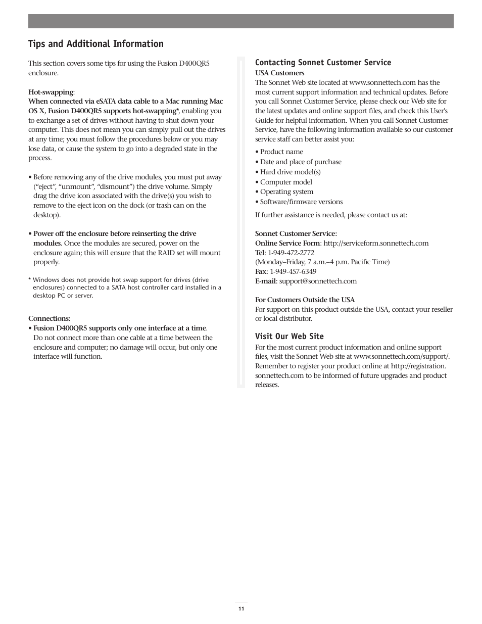 Tips and additional information | Sonnet Technologies Fusion D400QR5 (Without Drives) User Manual | Page 11 / 12