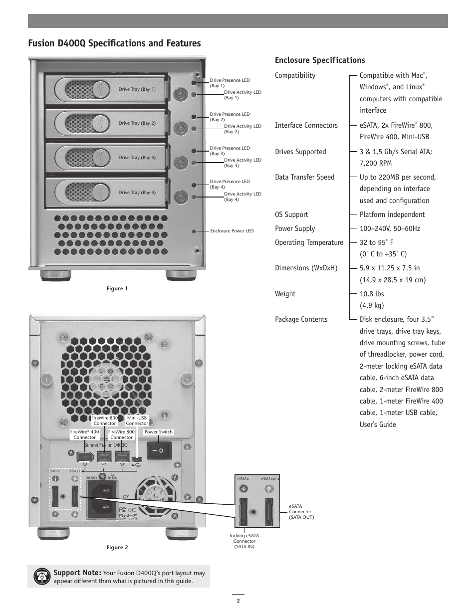 Fusion d400q specifications and features, Enclosure specifications | Sonnet Technologies Fusion D400Q (Without Drives) User Manual | Page 2 / 6