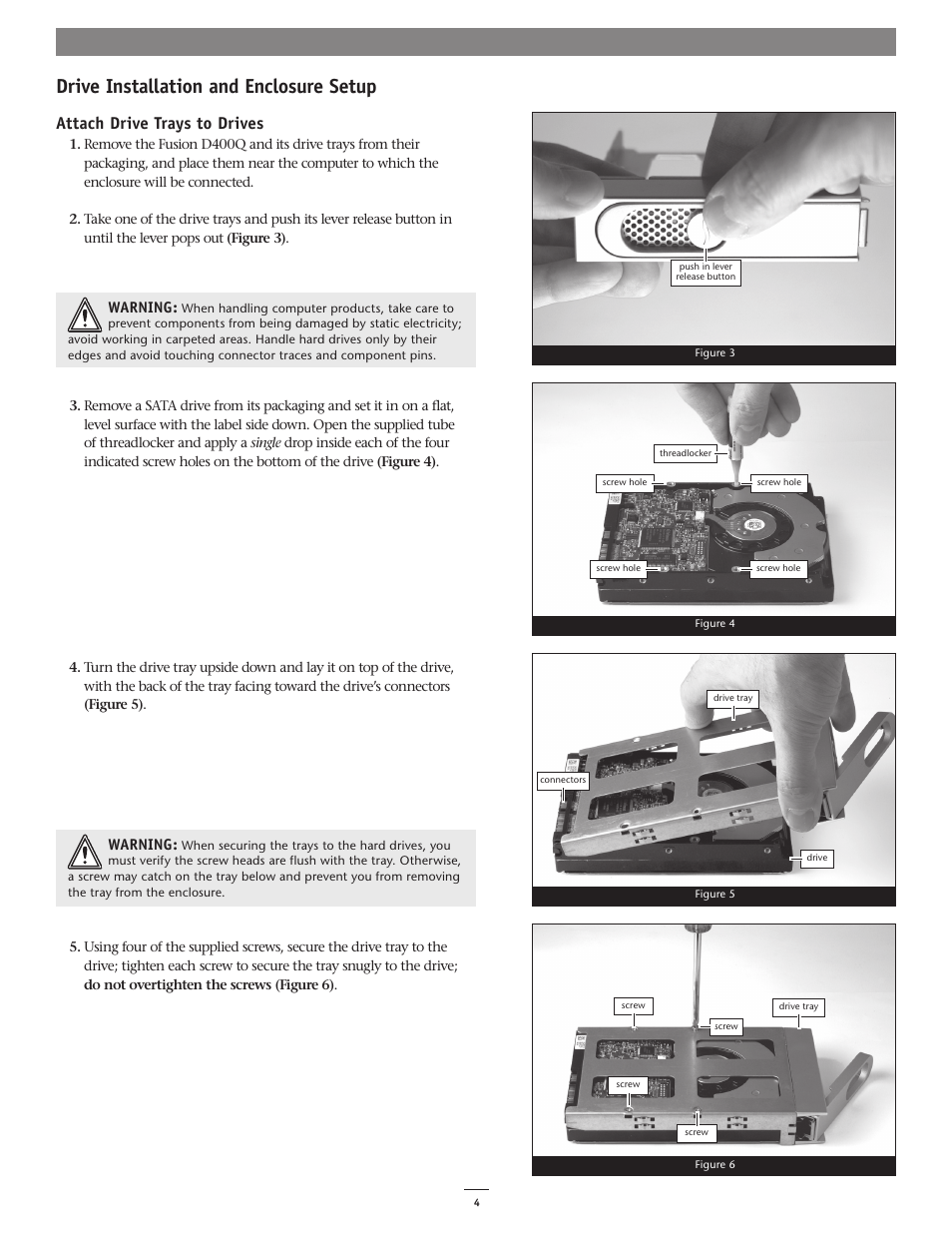 Drive installation and enclosure setup, Attach drive trays to drives | Sonnet Technologies Fusion D400Q (Without Drives) User Manual | Page 4 / 6