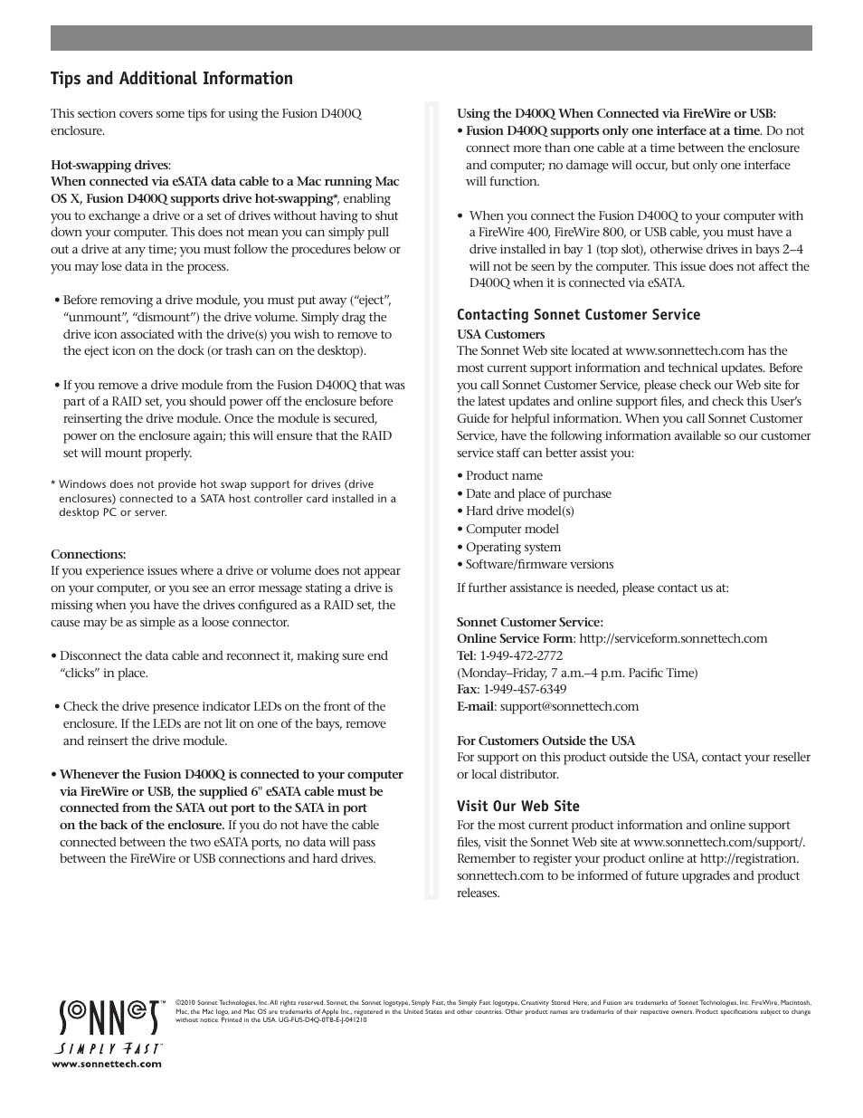 Tips and additional information | Sonnet Technologies Fusion D400Q (Without Drives) User Manual | Page 6 / 6