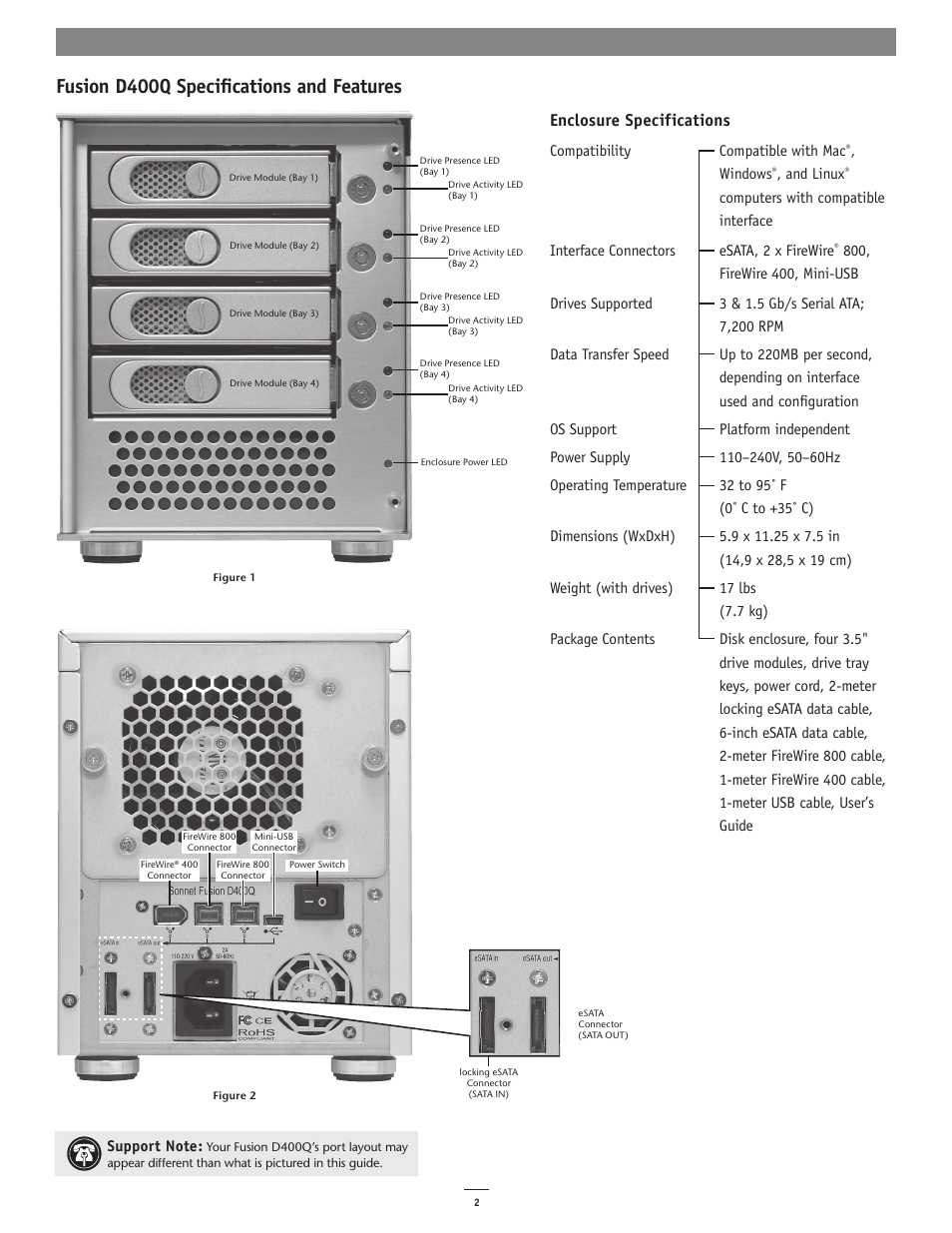 Fusion d400q specifications and features, Enclosure specifications | Sonnet Technologies Fusion D400Q (With Drives) User Manual | Page 2 / 6