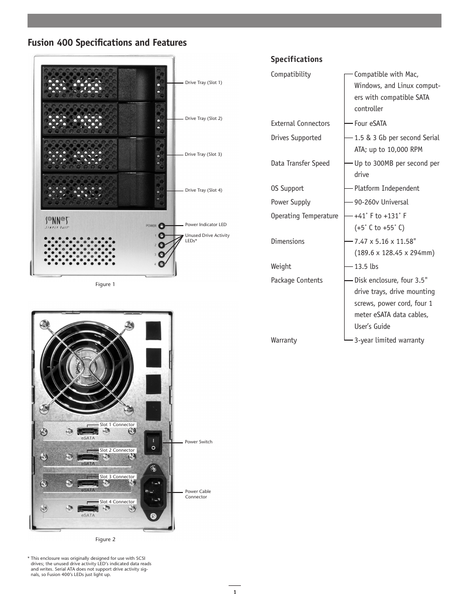 Fusion 400 speciﬁcations and features, Specifications | Sonnet Technologies Fusion 400 (Version 1) User Manual | Page 2 / 6