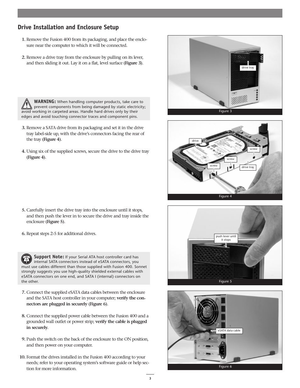 Drive installation and enclosure setup | Sonnet Technologies Fusion 400 (Version 1) User Manual | Page 4 / 6