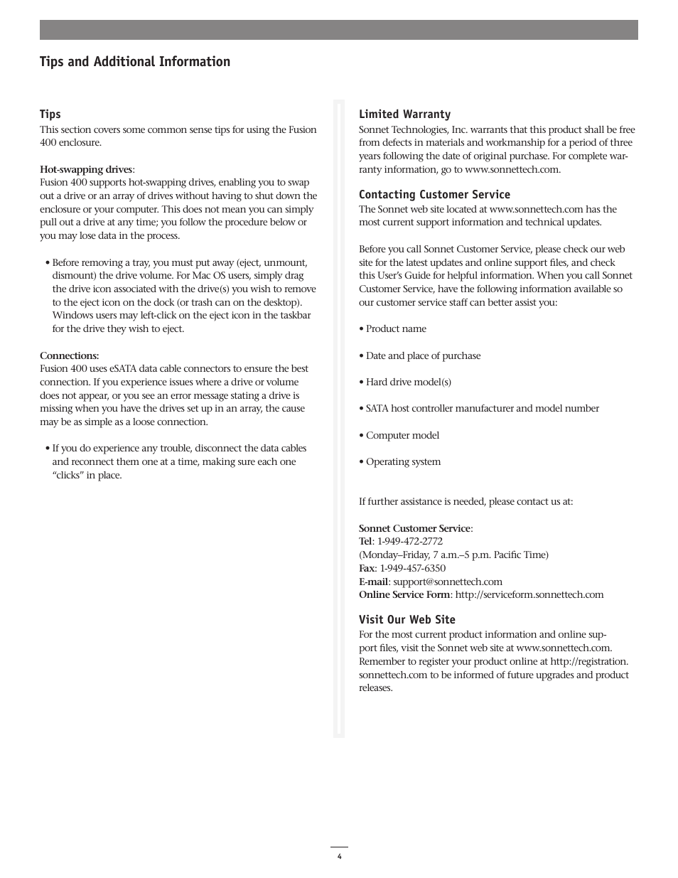 Tips and additional information | Sonnet Technologies Fusion 400 (Version 1) User Manual | Page 5 / 6