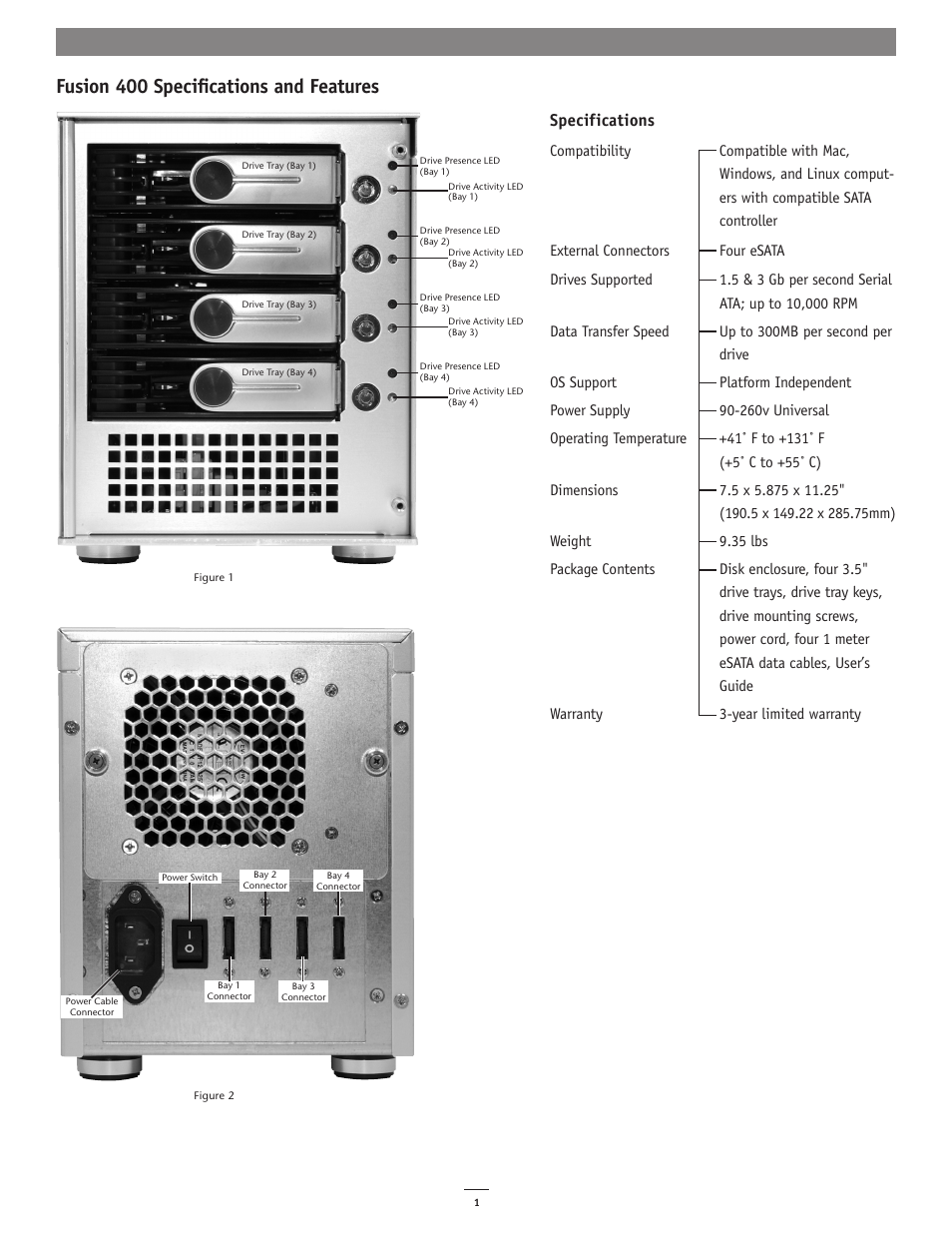 Fusion 400 speciﬁcations and features, Specifications | Sonnet Technologies Fusion 400 (Version 2) User Manual | Page 2 / 8