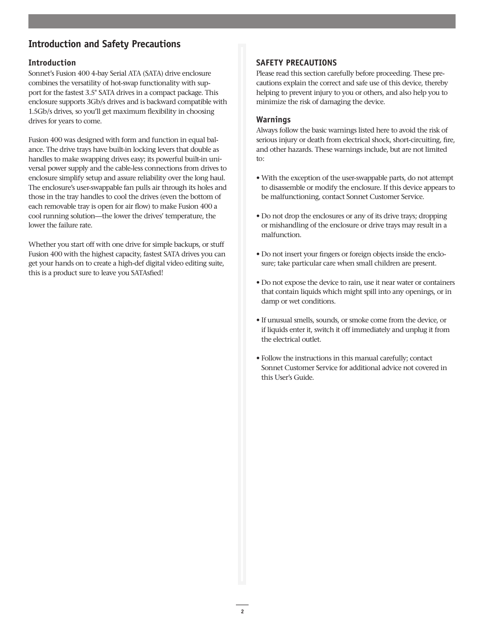 Introduction and safety precautions | Sonnet Technologies Fusion 400 (Version 2) User Manual | Page 3 / 8