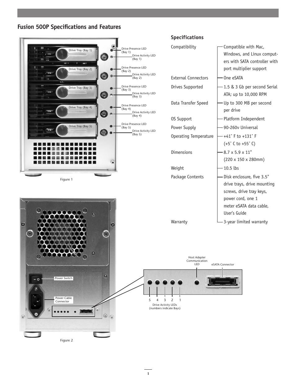 Fusion 500p speciﬁcations and features, Specifications | Sonnet Technologies Fusion 500P User Manual | Page 2 / 8