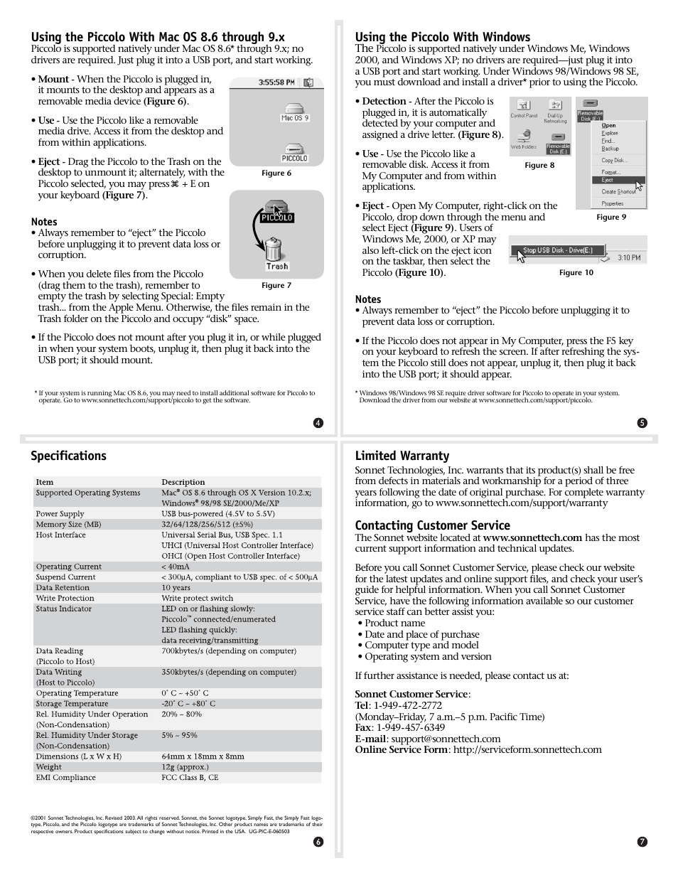 Specifications, Limited warranty, Contacting customer service | Using the piccolo with windows, Using the piccolo with mac os 8.6 through 9.x | Sonnet Technologies Piccolo USB Flash Drive User Manual | Page 2 / 2