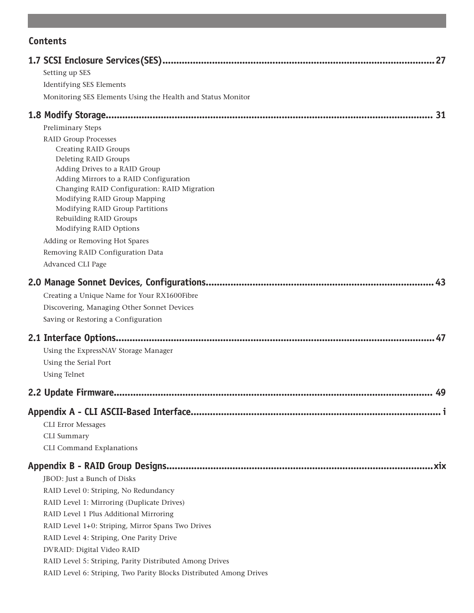 Contents 1.7 scsi enclosure services(ses), 8 modify storage, 0 manage sonnet devices, configurations | 1 interface options | Sonnet Technologies Web Management Tool User Manual | Page 4 / 84