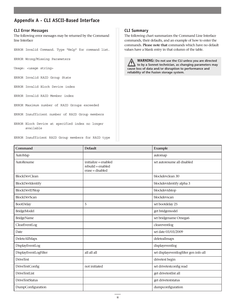 Appendix a - cli ascii-based interface | Sonnet Technologies Web Management Tool User Manual | Page 58 / 84