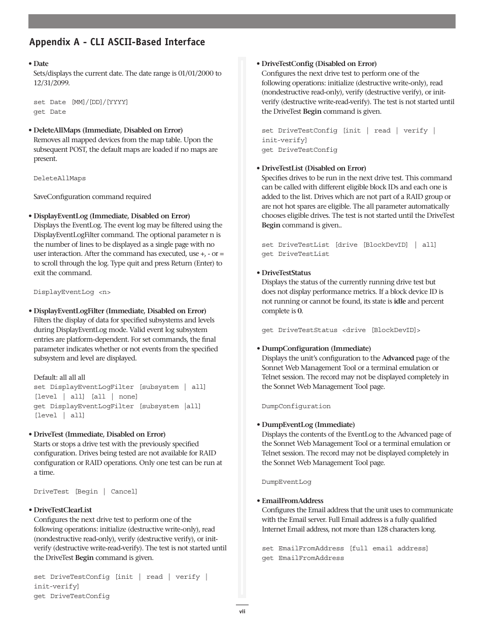 Appendix a - cli ascii-based interface | Sonnet Technologies Web Management Tool User Manual | Page 63 / 84