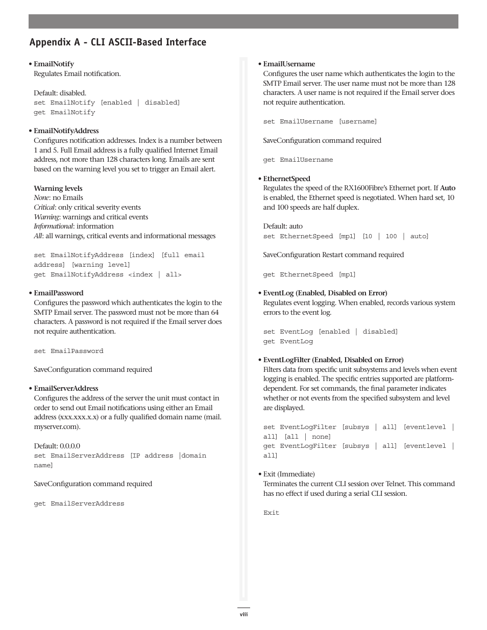 Appendix a - cli ascii-based interface | Sonnet Technologies Web Management Tool User Manual | Page 64 / 84