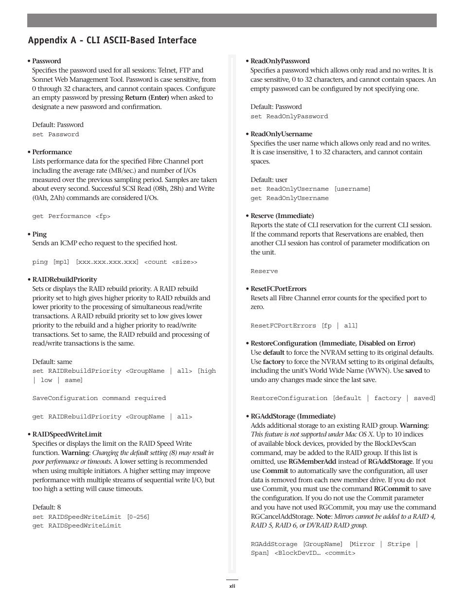 Appendix a - cli ascii-based interface | Sonnet Technologies Web Management Tool User Manual | Page 68 / 84