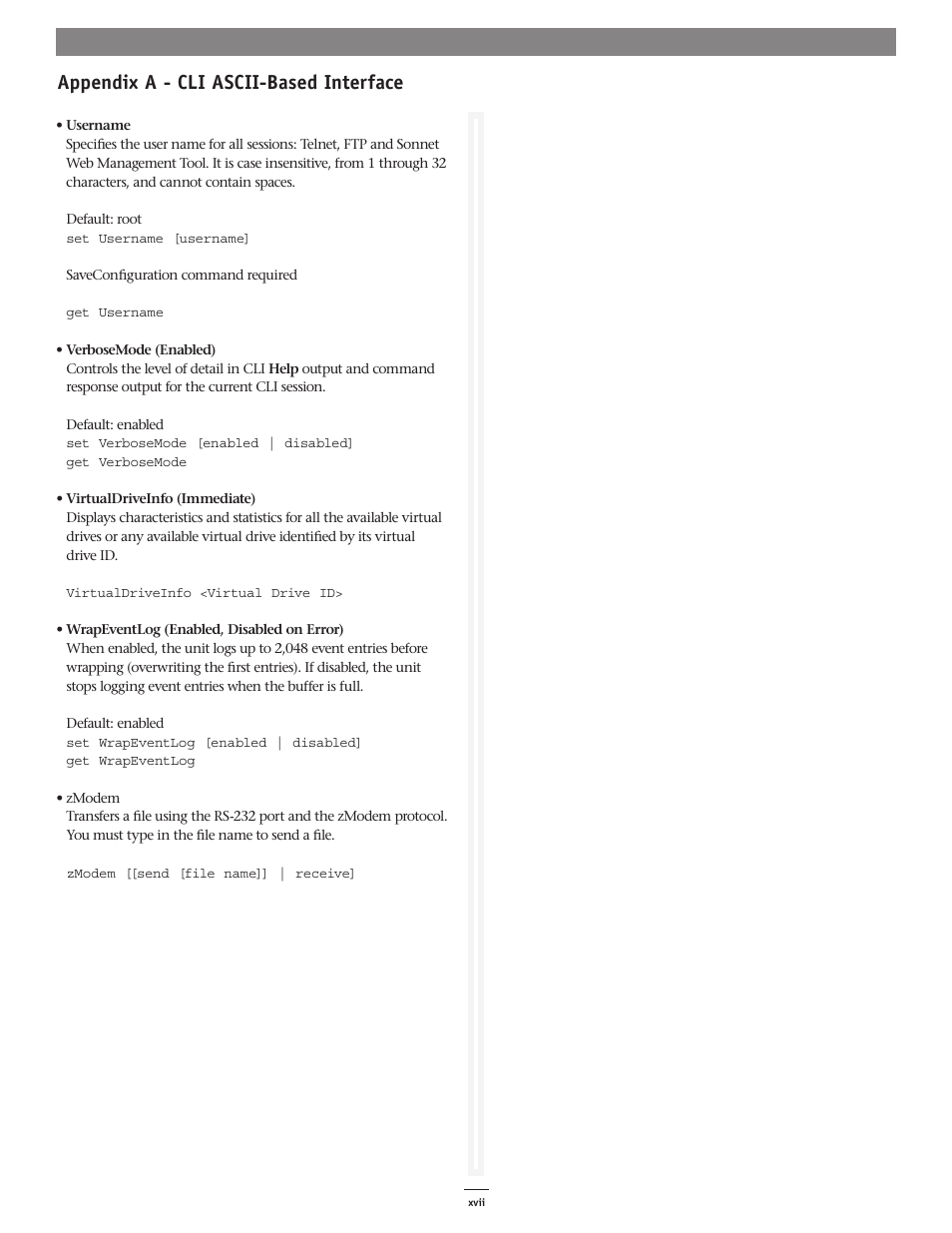 Appendix a - cli ascii-based interface | Sonnet Technologies Web Management Tool User Manual | Page 73 / 84