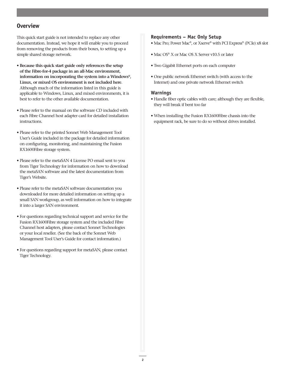 Overview, Requirements – mac only setup, Warnings | Sonnet Technologies Fusion RX1600Fibre Fibre-for-4 Quick Start Guide (Mac) User Manual | Page 2 / 6