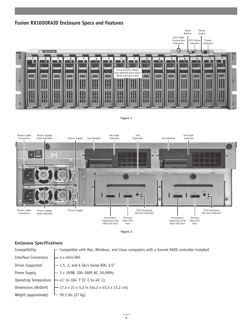 Fusion rx1600raid enclosure specs and features, Enclosure specifications | Sonnet Technologies Fusion RX1600RAID (With Drives) User Manual | Page 2 / 8