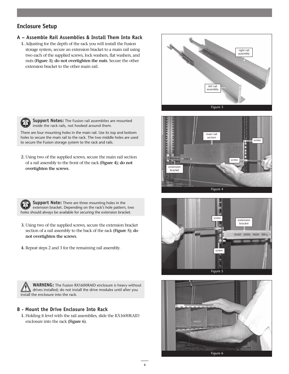Enclosure setup, B - mount the drive enclosure into rack | Sonnet Technologies Fusion RX1600RAID (With Drives) User Manual | Page 4 / 8