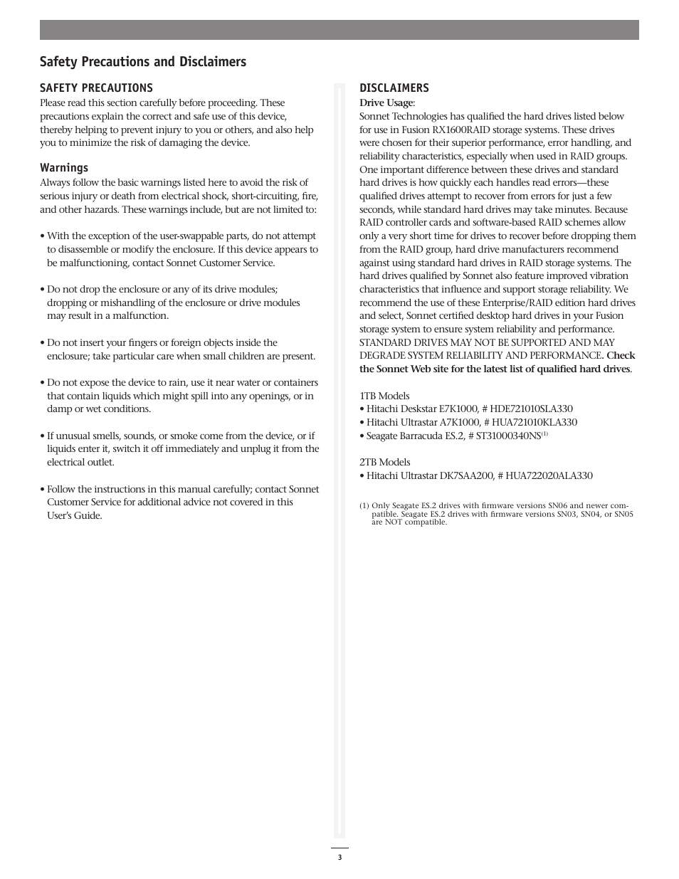 Safety precautions and disclaimers | Sonnet Technologies Fusion RX1600RAID (Without Drives) User Manual | Page 3 / 8