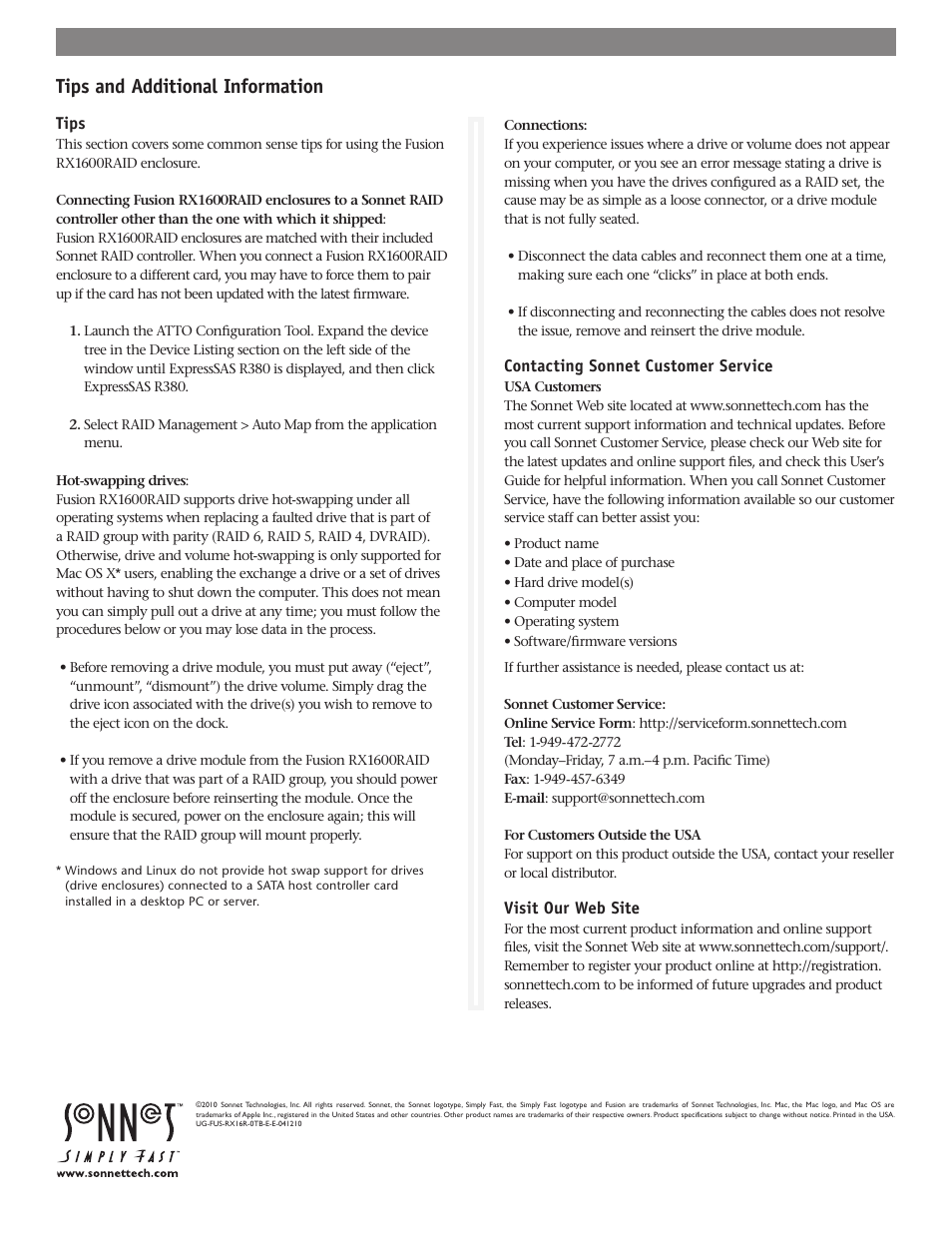 Tips and additional information | Sonnet Technologies Fusion RX1600RAID (Without Drives) User Manual | Page 8 / 8