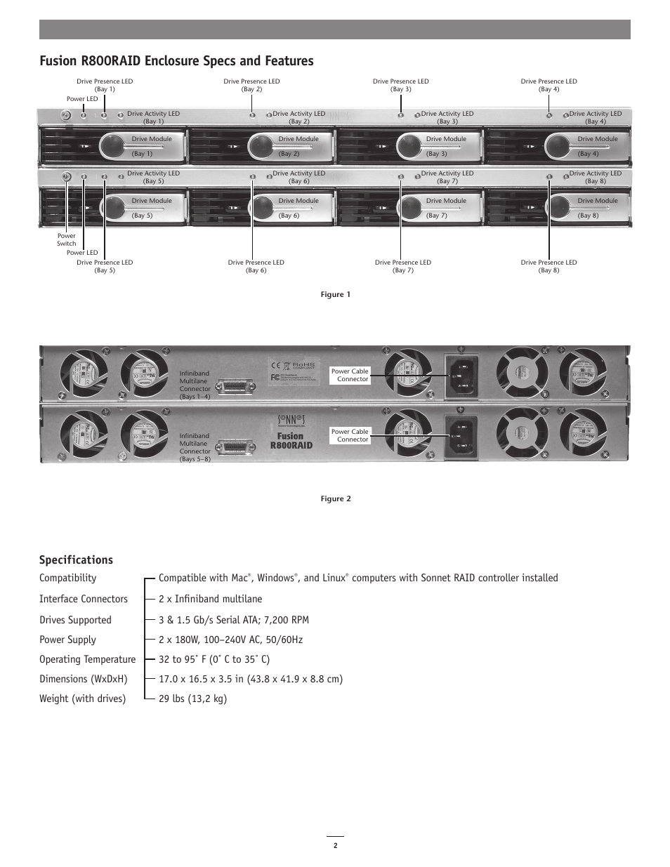 Fusion r800raid enclosure specs and features, Specifications, Compatibility compatible with mac | Windows, And linux | Sonnet Technologies Fusion R800RAID (Without Drives) User Manual | Page 2 / 8