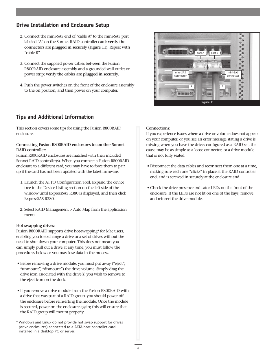 Drive installation and enclosure setup, Tips and additional information | Sonnet Technologies Fusion R800RAID (Without Drives) User Manual | Page 6 / 8