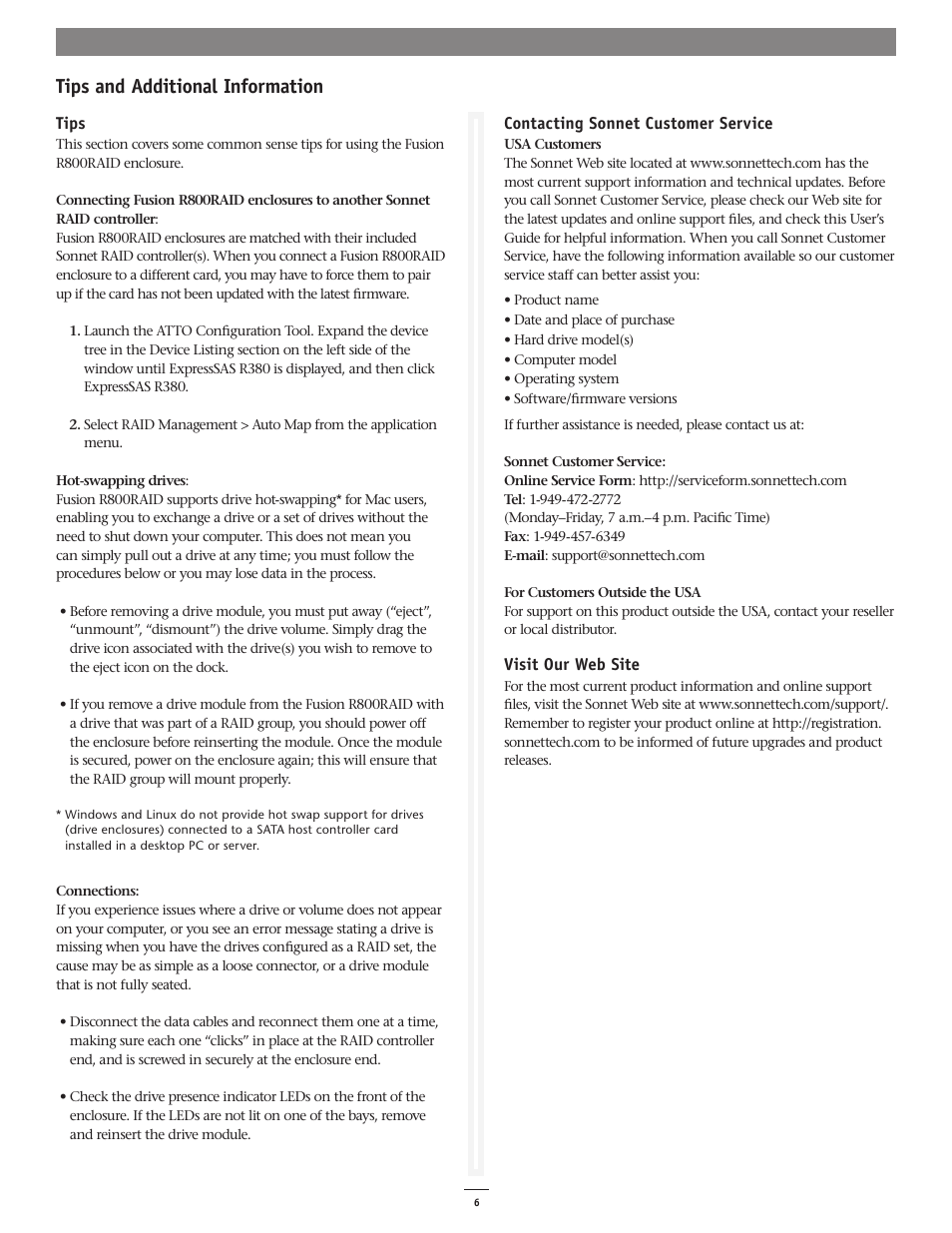 Tips and additional information | Sonnet Technologies Fusion R800RAID (With Drives) User Manual | Page 6 / 6