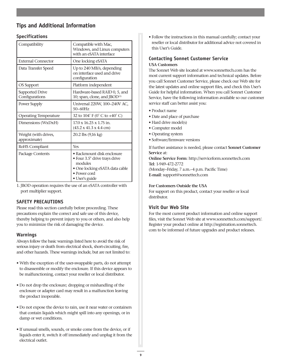 Tips and additional information | Sonnet Technologies Fusion R400S RAID (With Drives) User Manual | Page 11 / 12