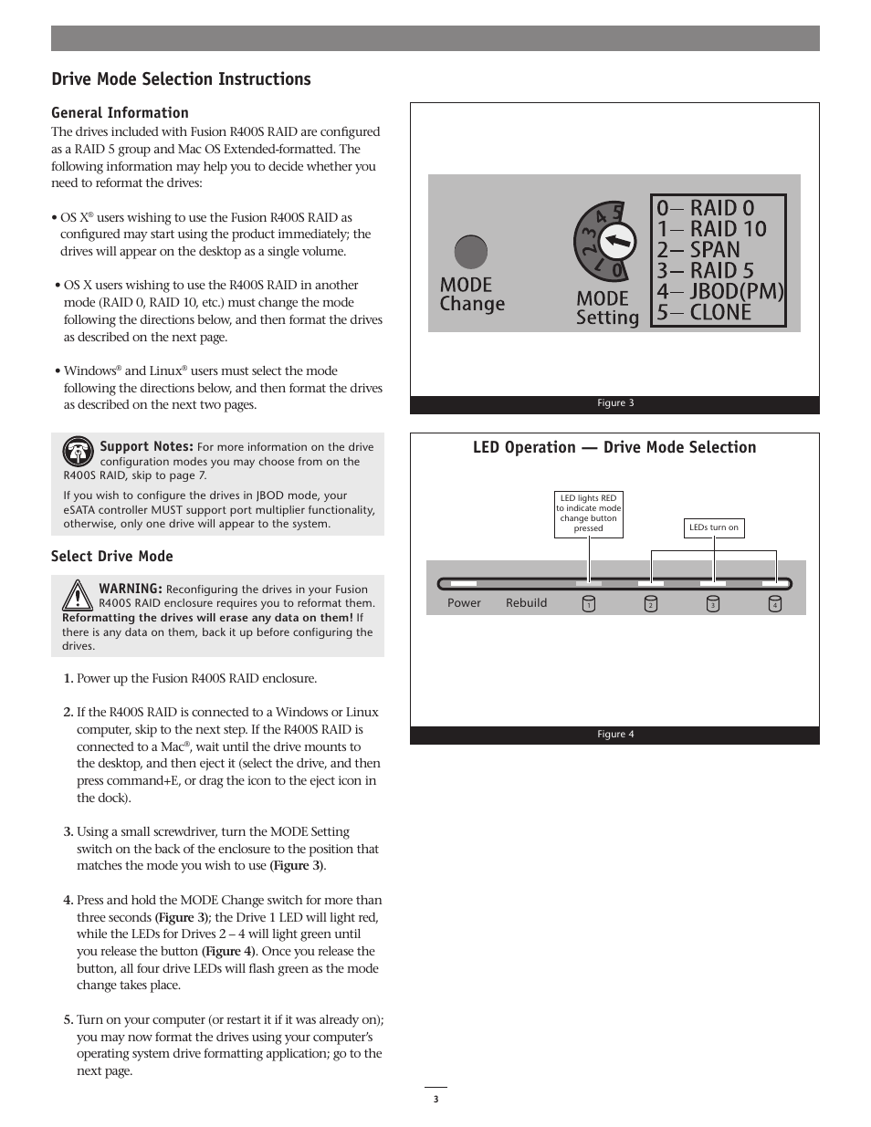 Drive mode selection instructions, Led operation — drive mode selection, General information | Select drive mode | Sonnet Technologies Fusion R400S RAID (With Drives) User Manual | Page 5 / 12