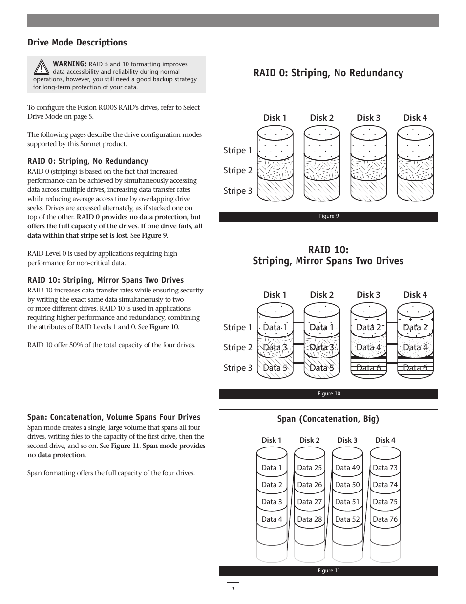 Raid 0: striping, no redundancy, Raid 10: striping, mirror spans two drives, Drive mode descriptions | Sonnet Technologies Fusion R400S RAID (With Drives) User Manual | Page 9 / 12