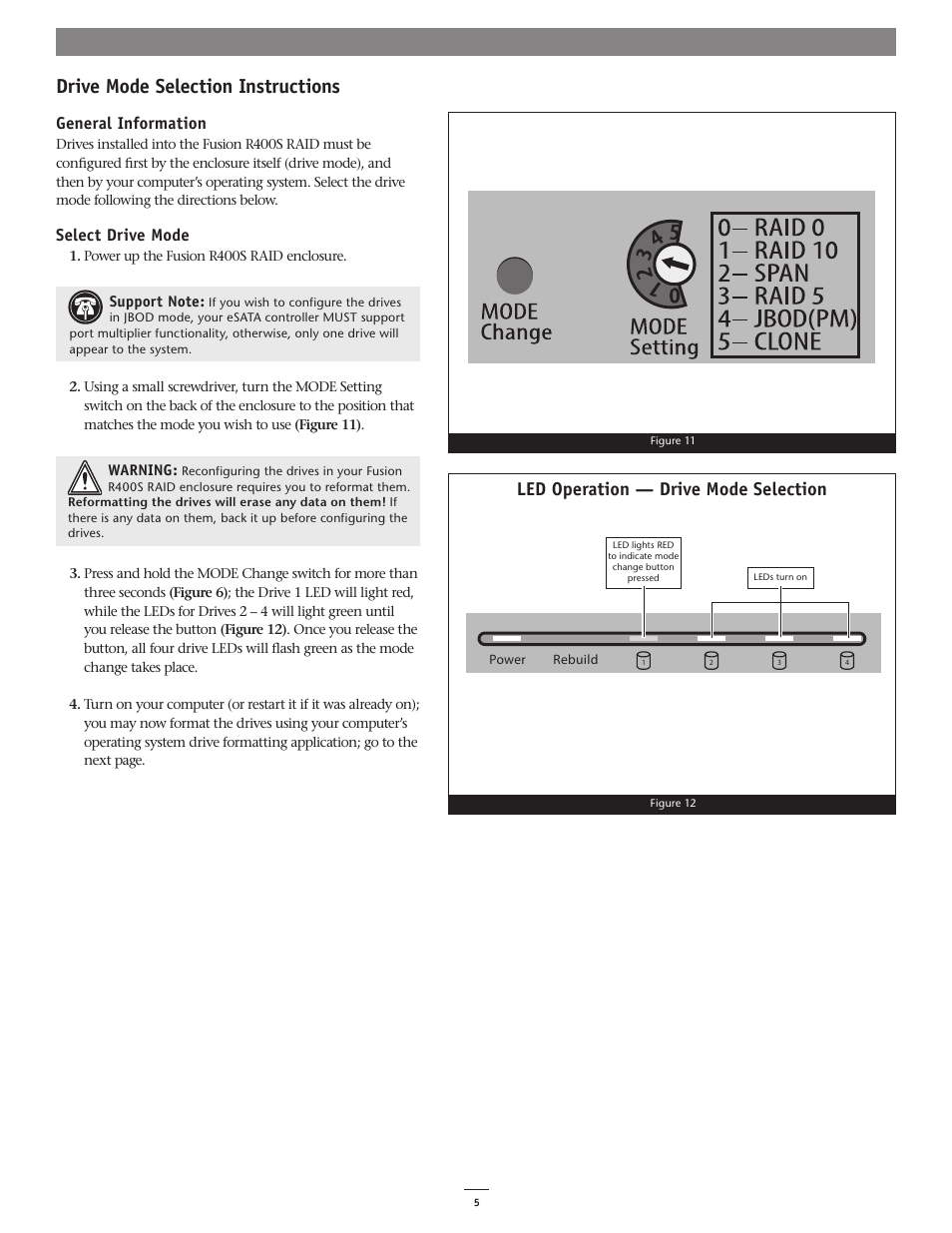 Drive mode selection instructions, Led operation — drive mode selection, General information | Select drive mode | Sonnet Technologies Fusion R400S RAID (Without Drives) User Manual | Page 7 / 12