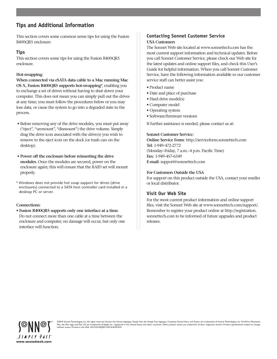 Tips and additional information | Sonnet Technologies Fusion R400QR5 (With Drives) User Manual | Page 10 / 10