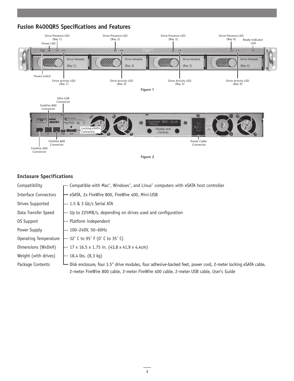 Fusion r400qr5 specifications and features, Enclosure specifications, Compatibility compatible with mac | Windows, And linux | Sonnet Technologies Fusion R400QR5 (With Drives) User Manual | Page 2 / 10