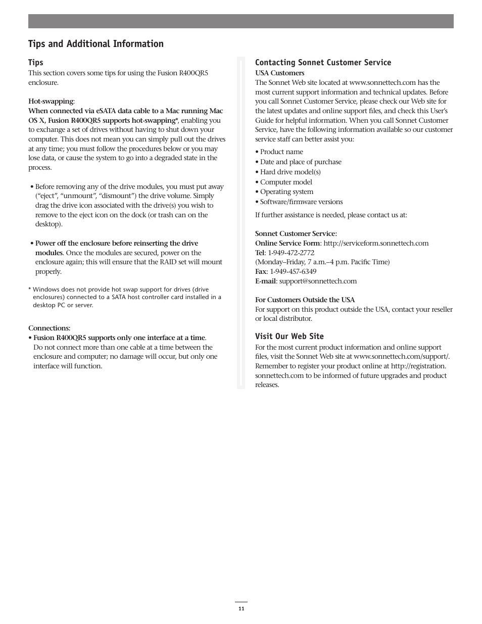 Tips and additional information | Sonnet Technologies Fusion R400QR5 (Without Drives) User Manual | Page 11 / 12