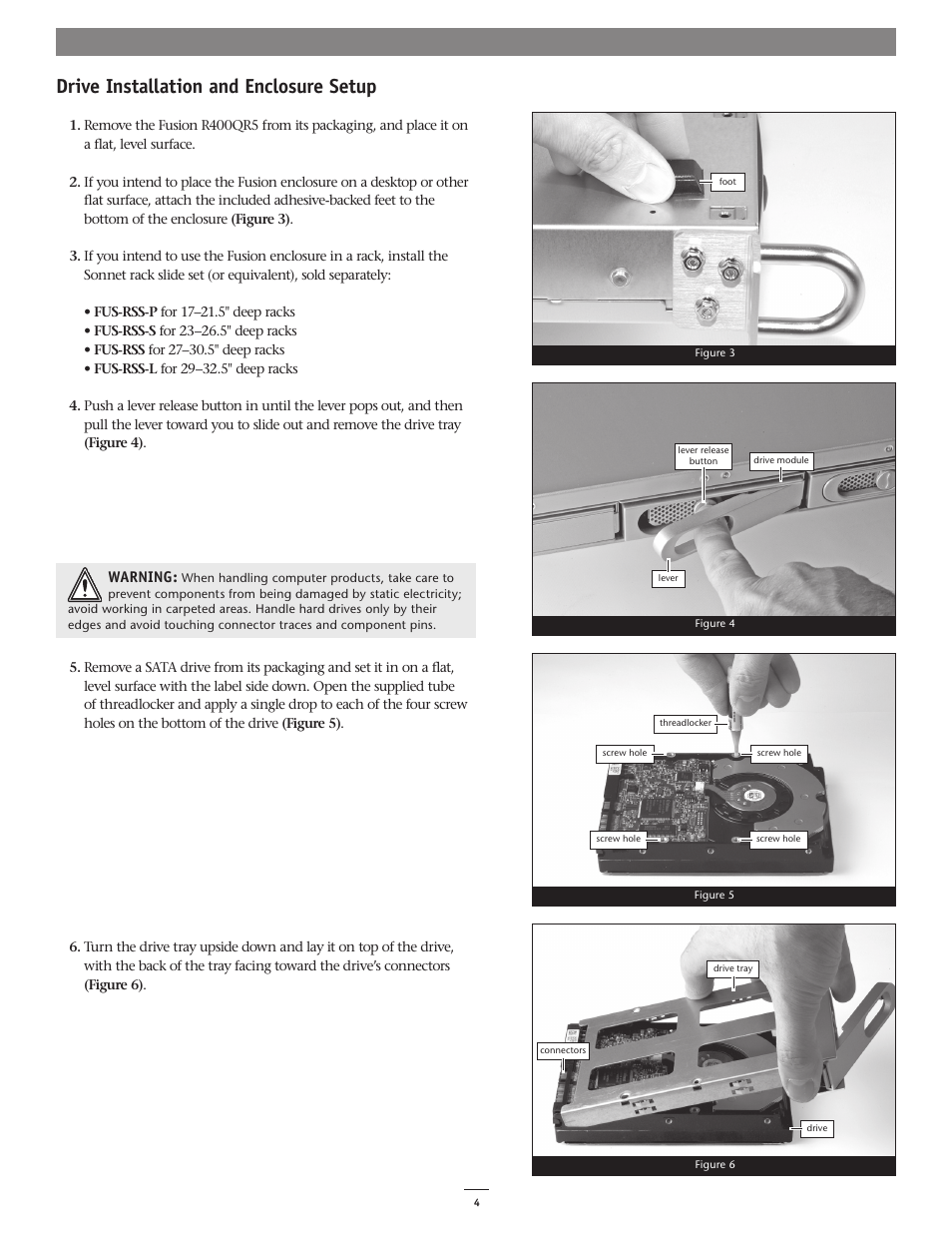 Drive installation and enclosure setup | Sonnet Technologies Fusion R400QR5 (Without Drives) User Manual | Page 4 / 12