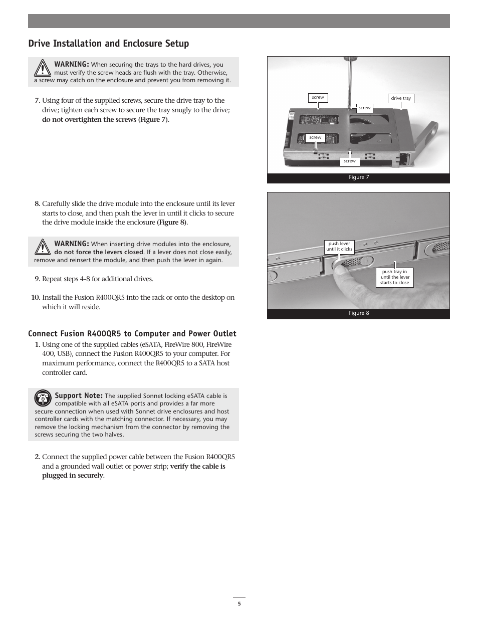 Drive installation and enclosure setup | Sonnet Technologies Fusion R400QR5 (Without Drives) User Manual | Page 5 / 12