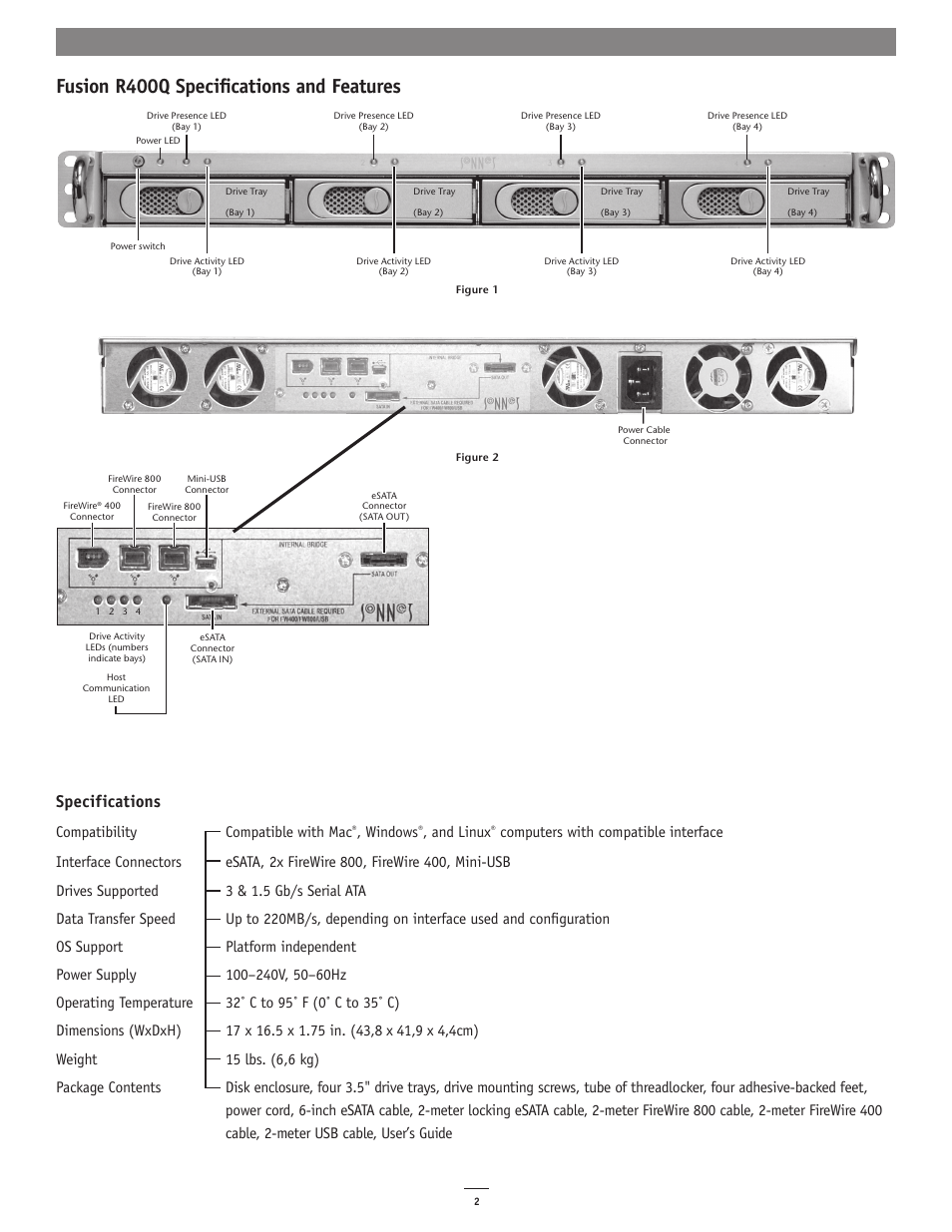 Fusion r400q specifications and features, Specifications, Compatibility compatible with mac | Windows, And linux | Sonnet Technologies Fusion R400Q (Without Drives) User Manual | Page 2 / 8